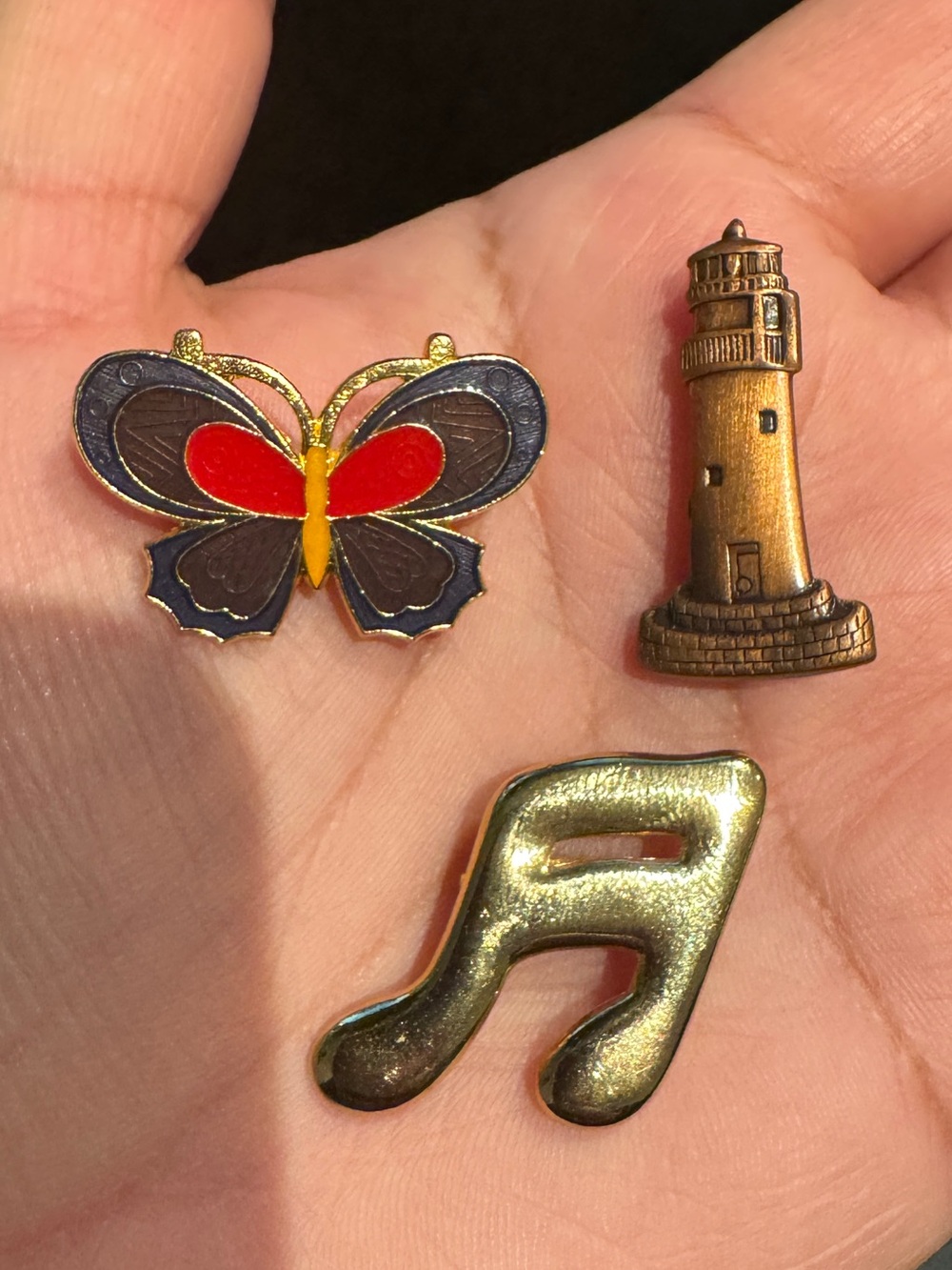 Vintage butterfly, Lighthouse & Gold Music Symbol Pin Trio -